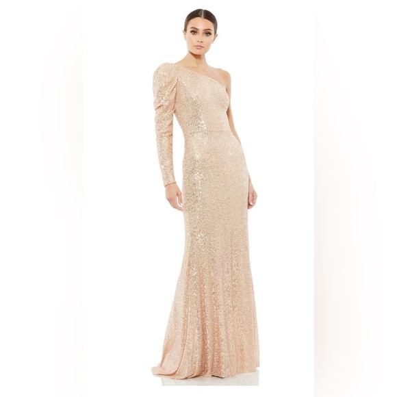 NWT Mac Duggal Sequin One Shoulder Trumpet Gold Gown 8 - Picture 1 of 7